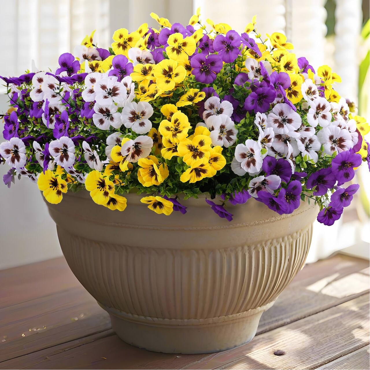 18 Pcs Artificial Fake Pansy Flowers for Outdoor, Faux Silk Pansies Spring Flowers for Outside for Planter Front Door Porch Yard Patio Window Box Home Decor (18, Purple, Yellow, White)